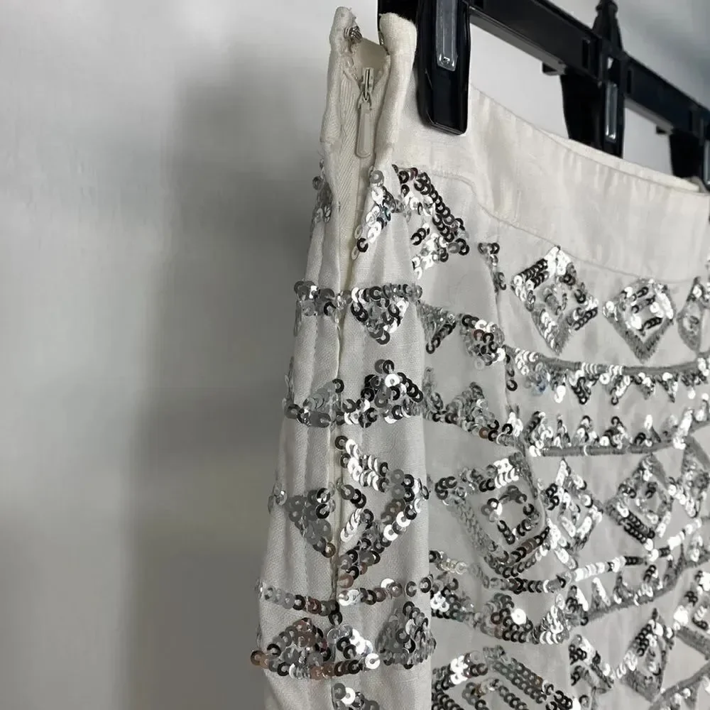 Banana Republic Geo Pattern Silver Sequin Beaded Mini Skirt